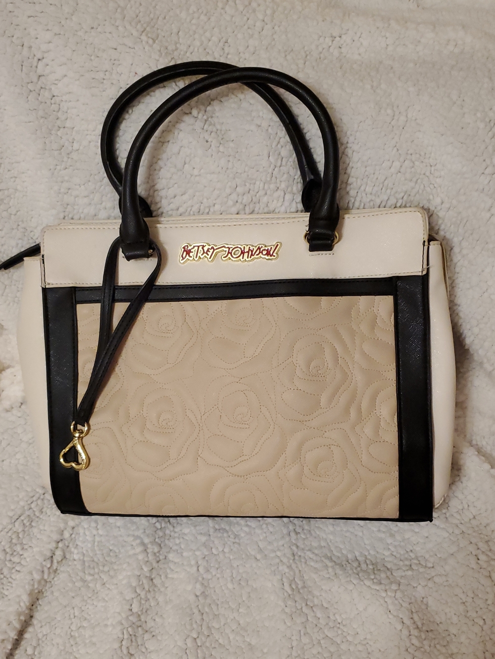 Betsey Johnson Beige Cream and Black Quilted Rose Satchel